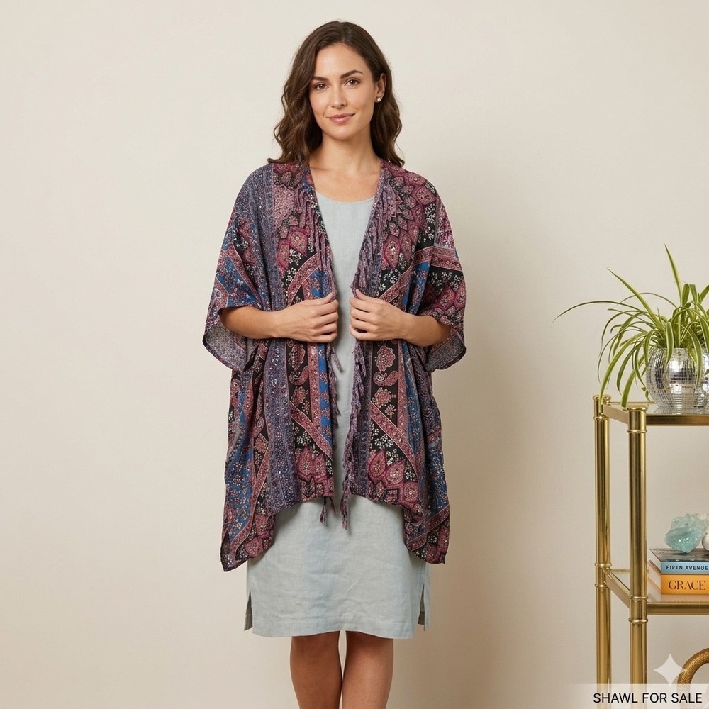 Boho Paisley Fringe Kimono, small Wrap Shawl Purple Blue, Travel Hippie Festival